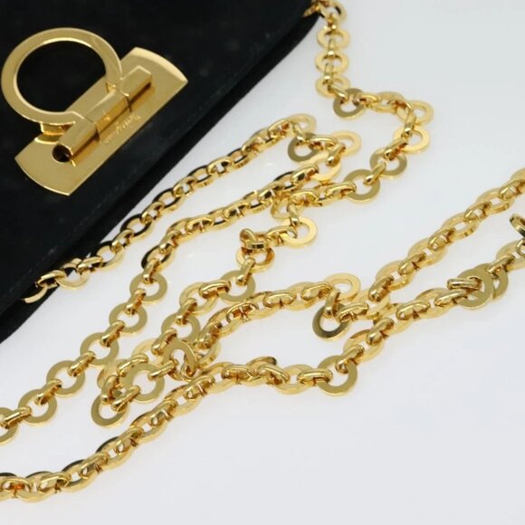 Salvatore Ferragamo Gancini Chain Shoulder Bag Suede Black Gold Auth 140965 - Picture 8 of 16